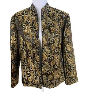 Vintage Metaphor Size L Blazer Black Gold Jacquard Paisley Open Front Jacket